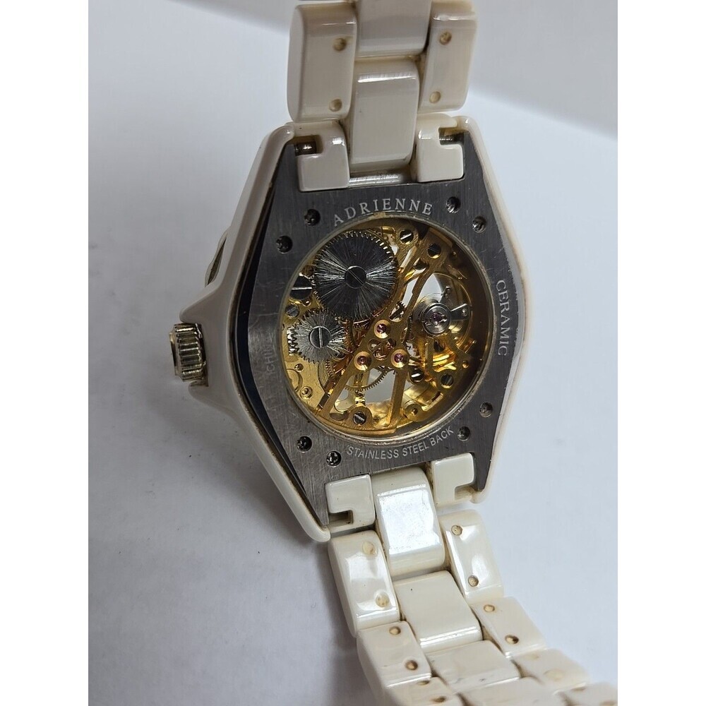 Womens Rare Adrienne Beige Ceramic Skeleton Crystal Bezel Manual Wind Watch - Picture 11 of 11
